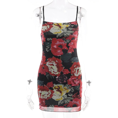 Summer Mesh Strap Mini Print Casual Fashion Sleeveless Party Evening Vestidos Bodycon Dress