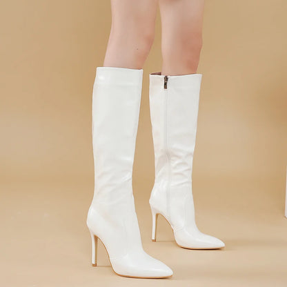 Black Pointed Toe Knee-High Boots with 10cm High Heels - White Botas Mujer Sexy Luxury Catwalk Shoes