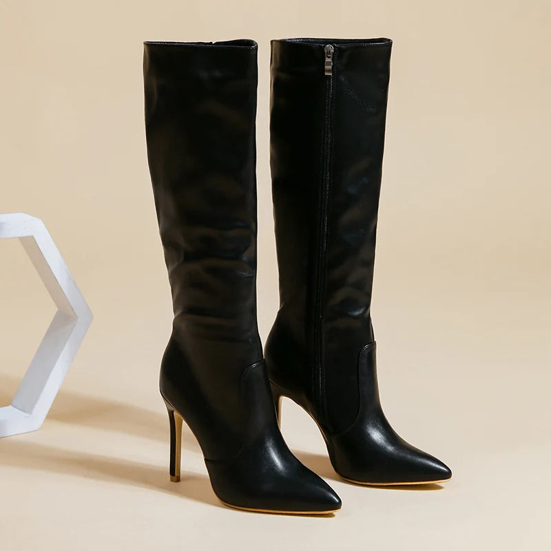 Black Pointed Sexy Luxury High Heels Catwalk Women Knee High Boot