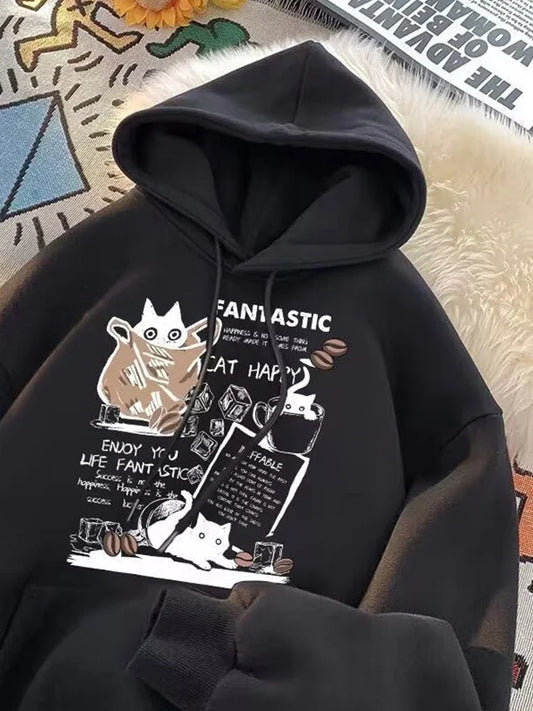 Cat Cartoon Printed Pullover Hoodie