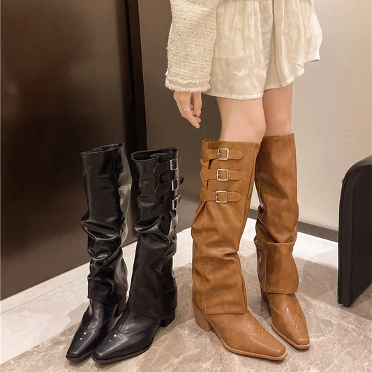 Autumn Cowboy Boots for Women - Slip on Long Knight Boots with Square High Heel