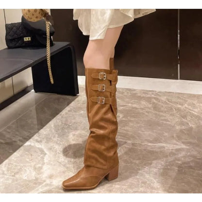 Autumn Cowboy Boots for Women - Slip on Long Knight Boots with Square High Heel