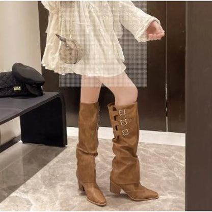 Autumn Cowboy Boots for Women - Slip on Long Knight Boots with Square High Heel