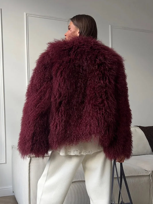 Burgundy Oversized Faux Fur Coat