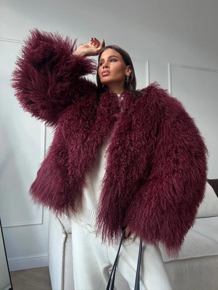 Burgundy Oversized Faux Fur Coat