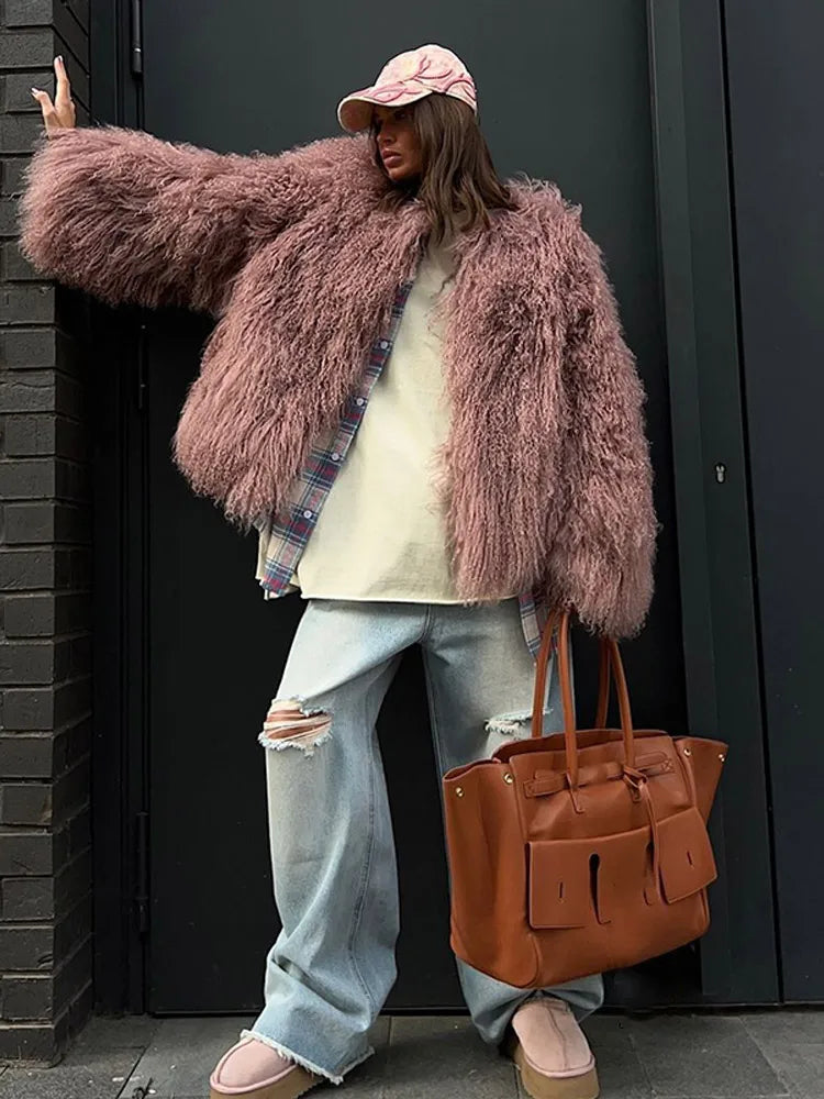 Burgundy Oversized Faux Fur Coat