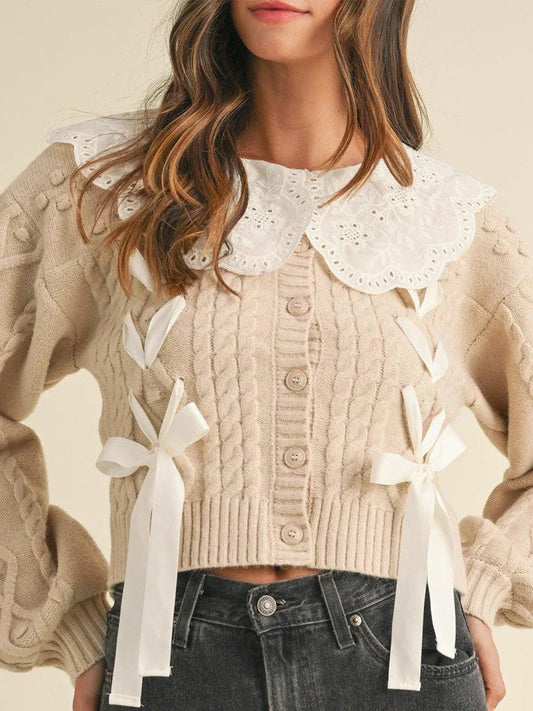 Doll Collar Tie-Up Long Sleeve Knit Cardigan