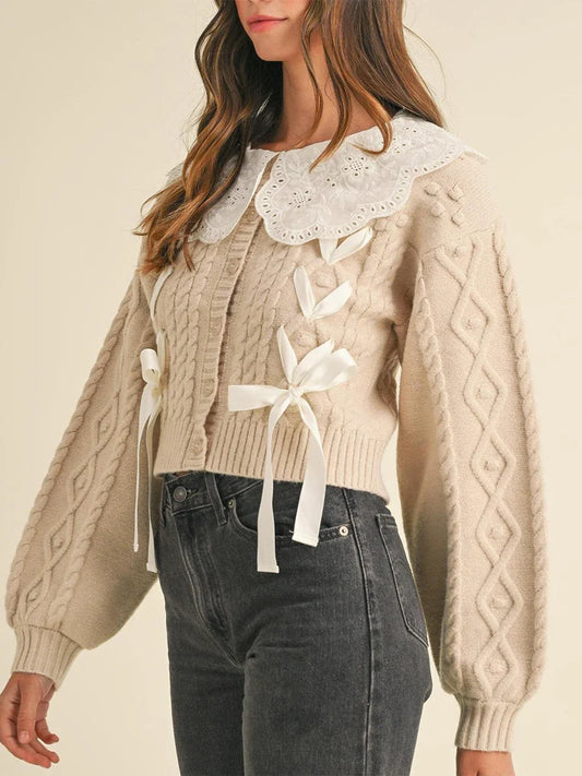 Doll Collar Tie-Up Long Sleeve Knit Cardigan