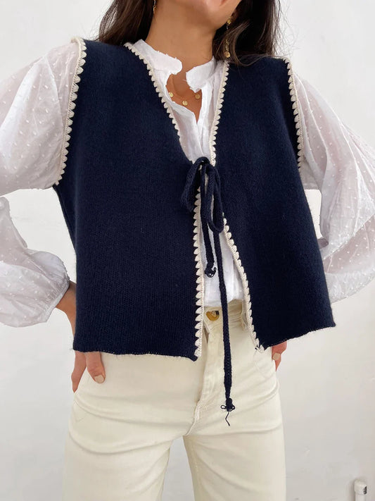 Contrast Trim Lacing V-Neck Knit Vest Cardigan