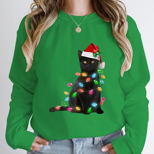 Hoodless Pullover Cute Black Cat Christmas Light Print Hoodie