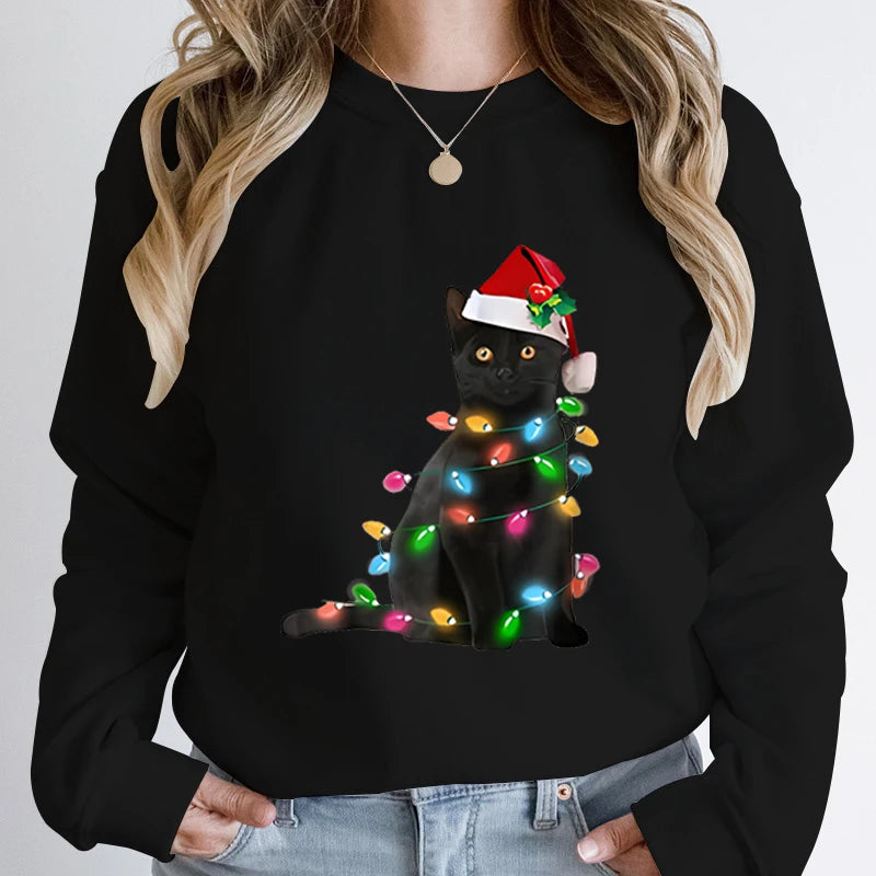 Hoodless Pullover Cute Black Cat Christmas Light Print Hoodie