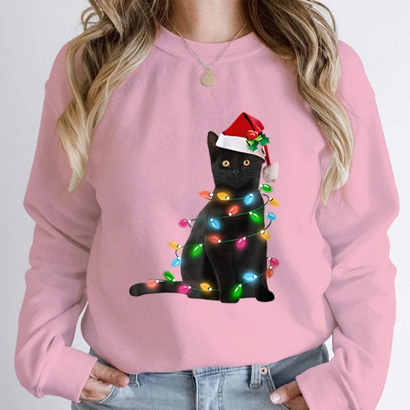 Hoodless Pullover Cute Black Cat Christmas Light Print Hoodie