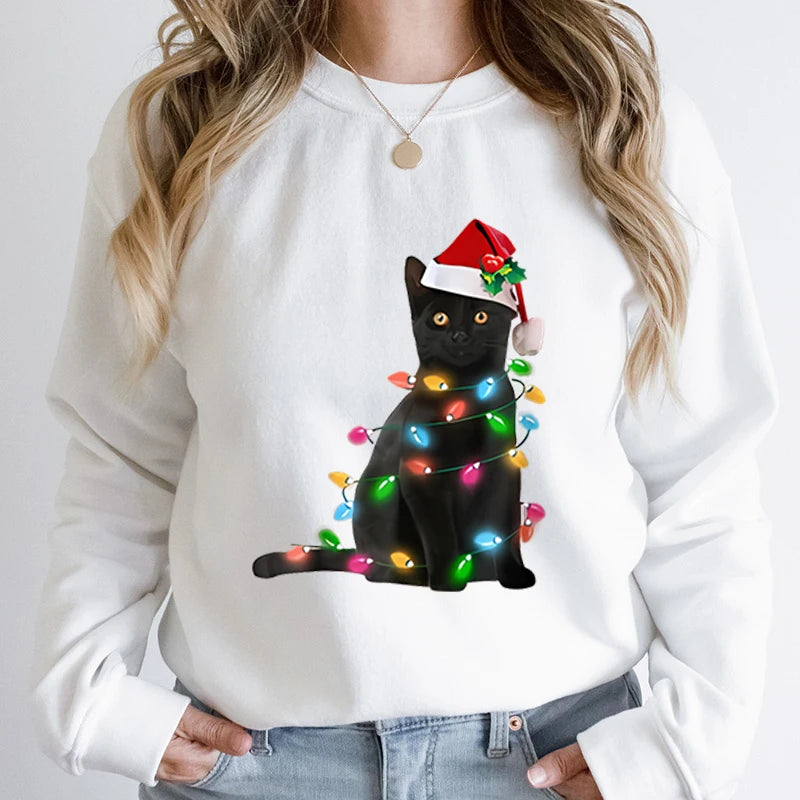 Hoodless Pullover Cute Black Cat Christmas Light Print Hoodie