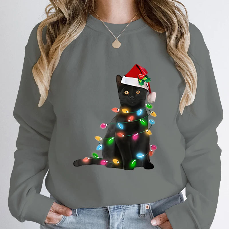 Hoodless Pullover Cute Black Cat Christmas Light Print Hoodie