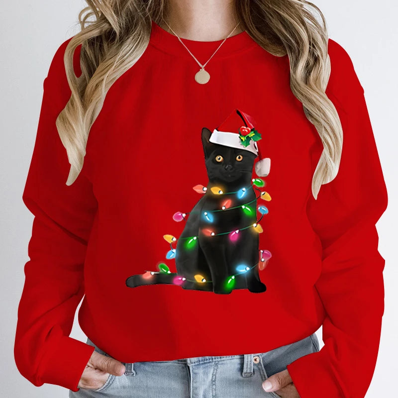 Hoodless Pullover Cute Black Cat Christmas Light Print Hoodie