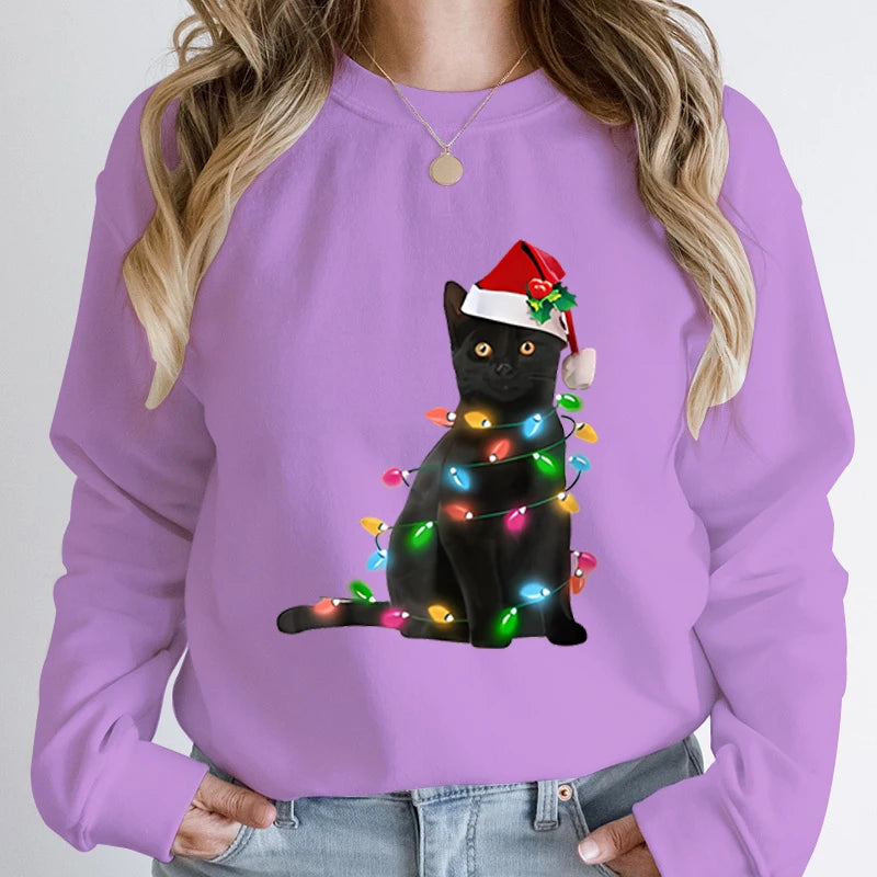 Hoodless Pullover Cute Black Cat Christmas Light Print Hoodie