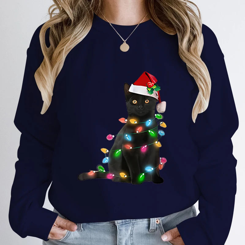 Hoodless Pullover Cute Black Cat Christmas Light Print Hoodie