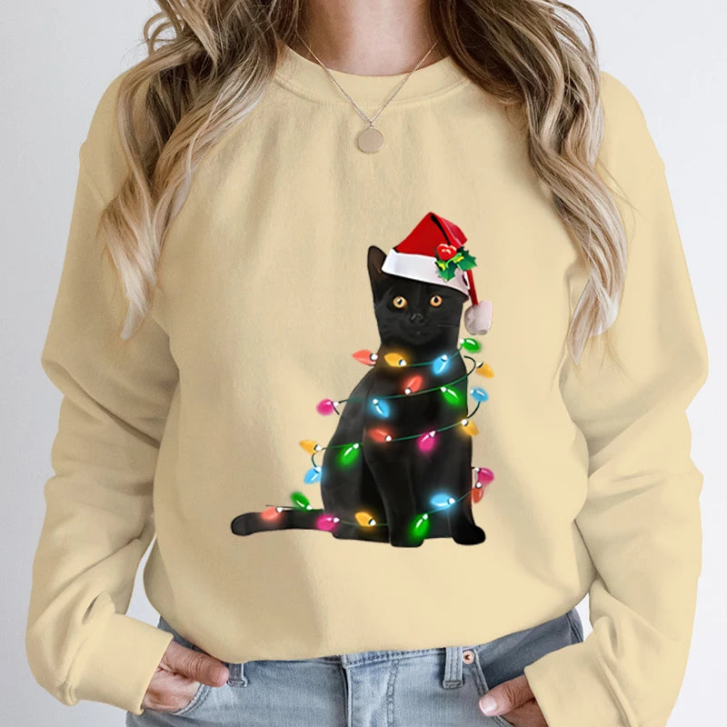 Hoodless Pullover Cute Black Cat Christmas Light Print Hoodie