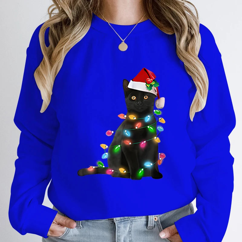 Hoodless Pullover Cute Black Cat Christmas Light Print Hoodie