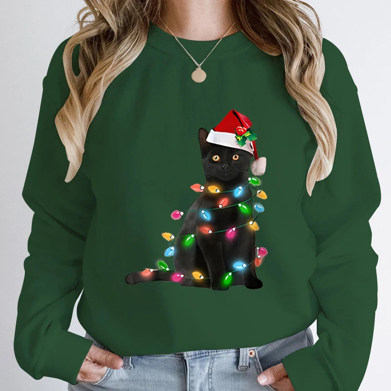 Hoodless Pullover Cute Black Cat Christmas Light Print Hoodie