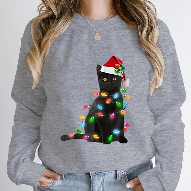 Hoodless Pullover Cute Black Cat Christmas Light Print Hoodie