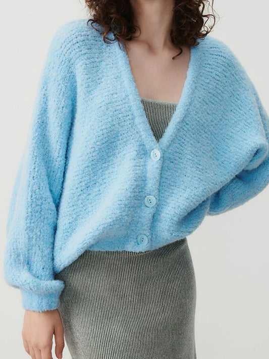 Fuzzy V-Neck Button-Front Knit Cardigan