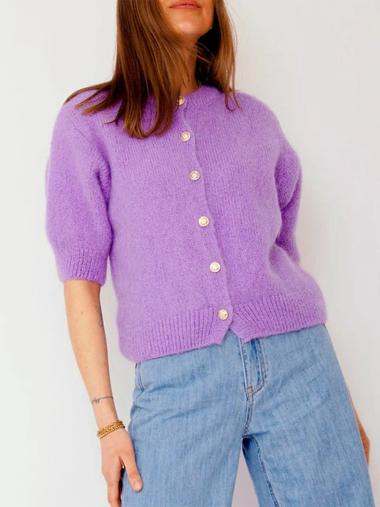 Half Sleeve O Neck Button-Up Knit Cardigan