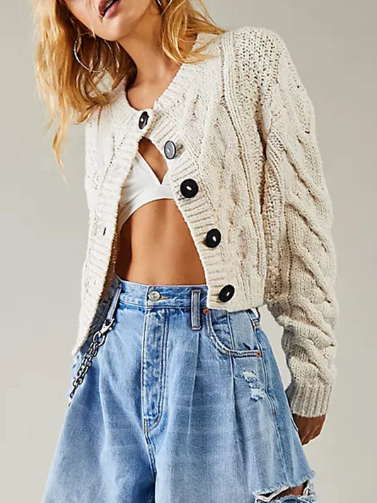 Cropped Cable Knit Button-Down Cardigan