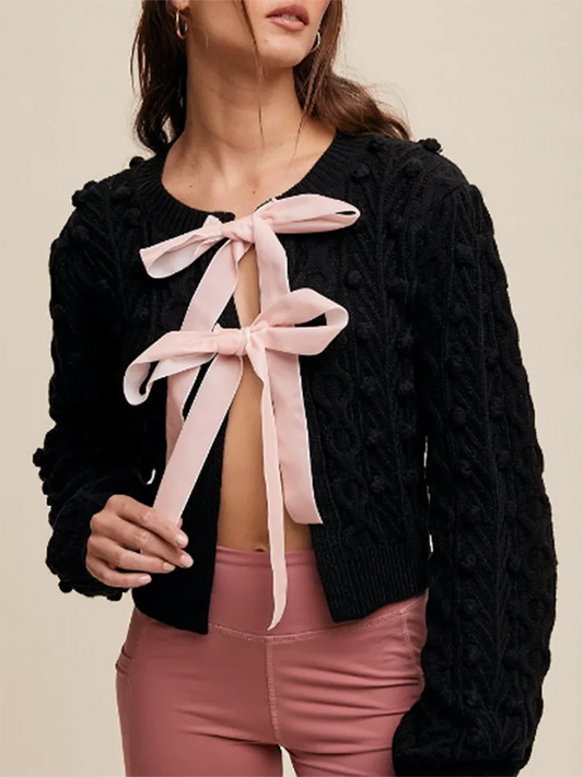 Ribbed Bow Tie Cable Knit Cardigan