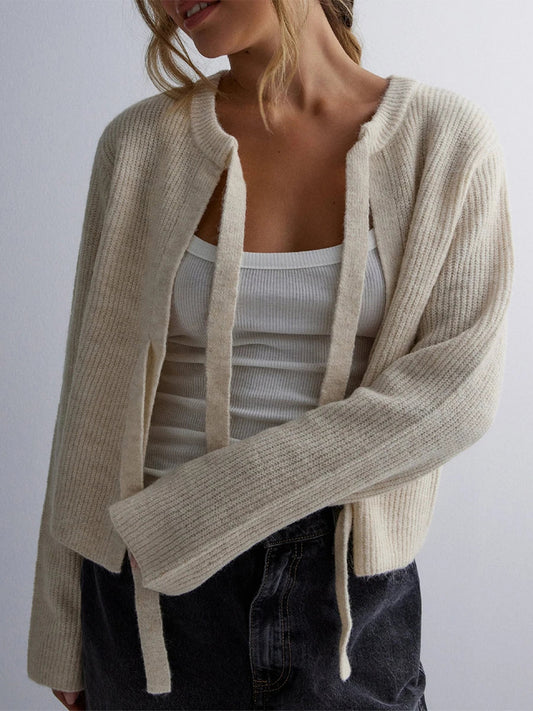 Bow Tie Front Crew Neck Knit Cardigan