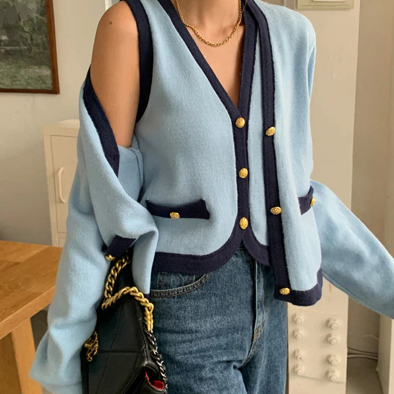 Spring V-neck Long Sleeve Knitted Cardigan Blue / One Size