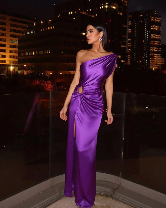 New Ladies Purple One Shoulder Sexy Skinny Draped Christmas Party Dress