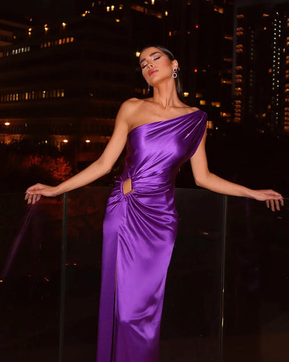 New Ladies Purple One Shoulder Sexy Skinny Draped Christmas Party Dress