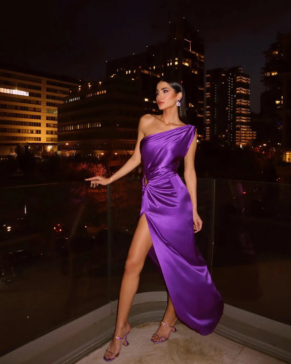 New Ladies Purple One Shoulder Sexy Skinny Draped Christmas Party Dress