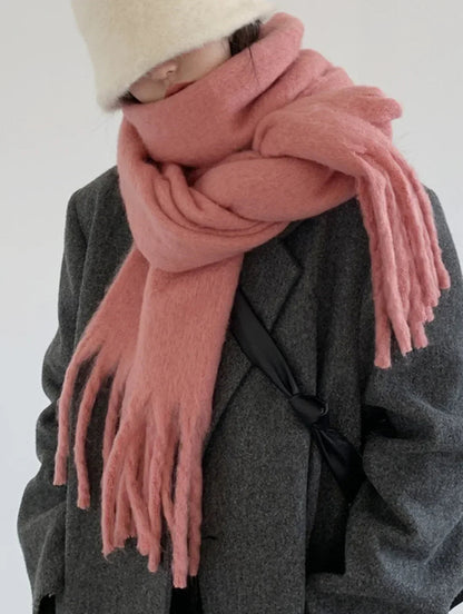 Mohair Winter Scarf - Solid Color, Thickened Wool, Fringed