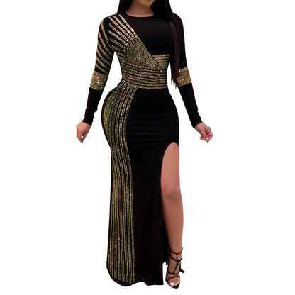 Patchwork Sequin Sheath Skinny High Side Slit O-Neck Long Sleeve Celebrity Bodycon Maxi Lady Vestidos Dress