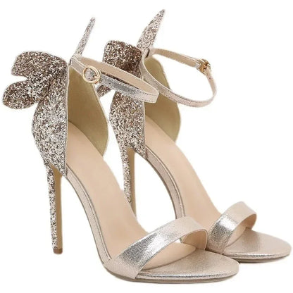 Sequined Butterfly Decoration Peep Toe High Heel Sandals - 11CM Thin Heel - Buckle Strap - Party Wedding Shoes