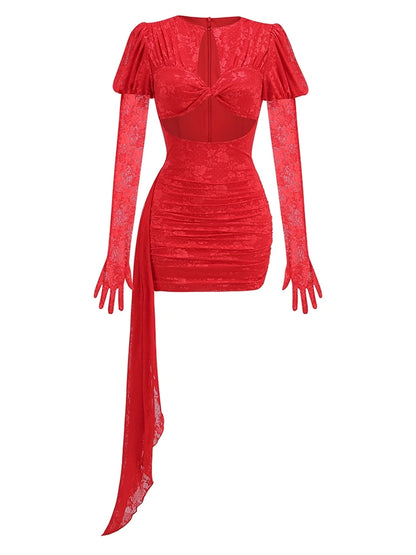 New Sexy Gloves Long Sleeves Cutout Pleated Draped Mini Christmas Party Dress