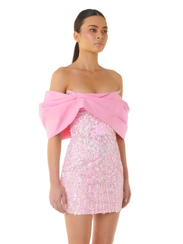 New Sexy Off Shoulder Sequins Pink Slash Neck Sparkly Elegant Christmas Party Dress