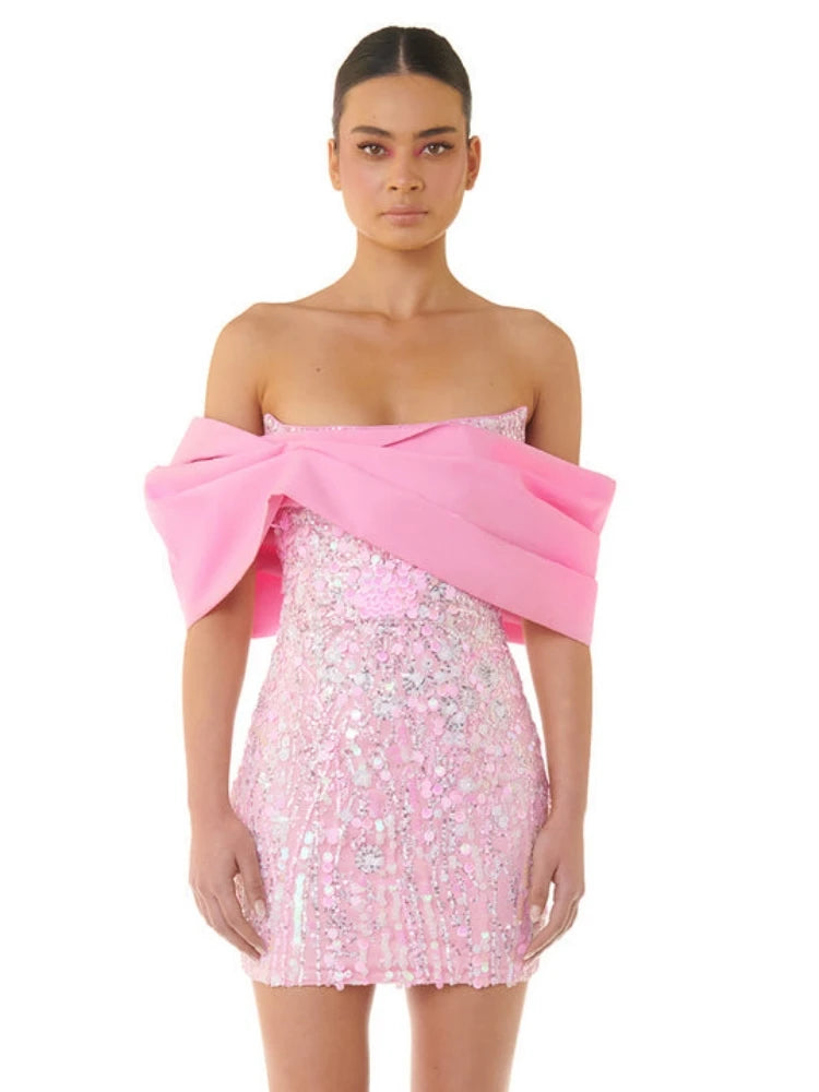 New Sexy Off Shoulder Sequins Pink Slash Neck Sparkly Elegant Christmas Party Dress