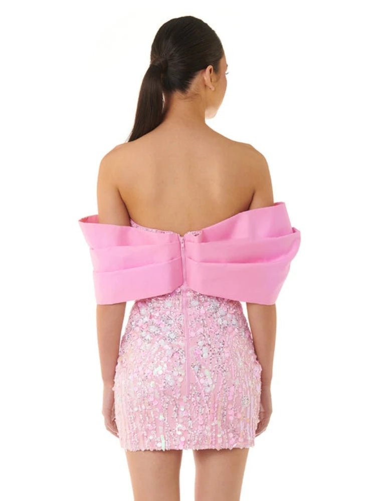 New Sexy Off Shoulder Sequins Pink Slash Neck Sparkly Elegant Christmas Party Dress