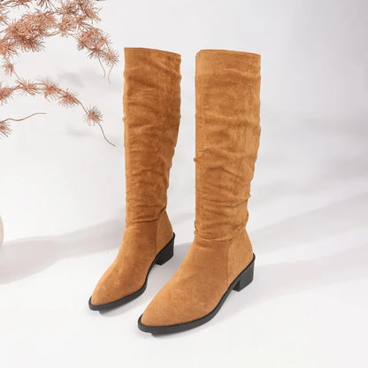 Classic Pointed Pleated Autumn Winter Fashion Suede Flock Knee High Boot