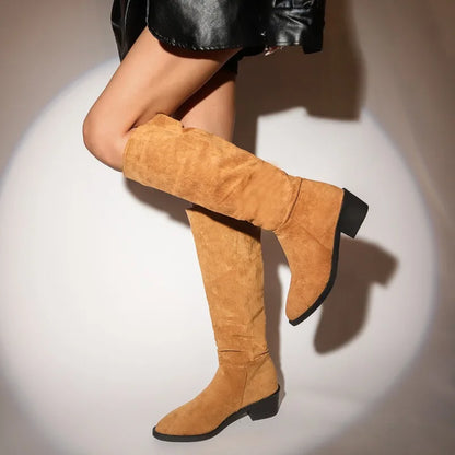 Classic Pointed Pleated Autumn Winter Fashion Suede Flock Knee High Boot