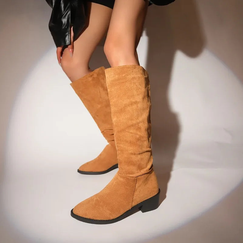 Women's Classic Pointed Toe Pleated Knee High Boots - Autumn/Winter Fashion Suede Flock Zapatos Mujer