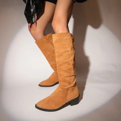 Classic Pointed Pleated Autumn Winter Fashion Suede Flock Knee High Boot