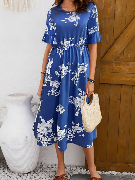 Elegant Fashionable Printed Round Neck Short Sleeve Floral Dress