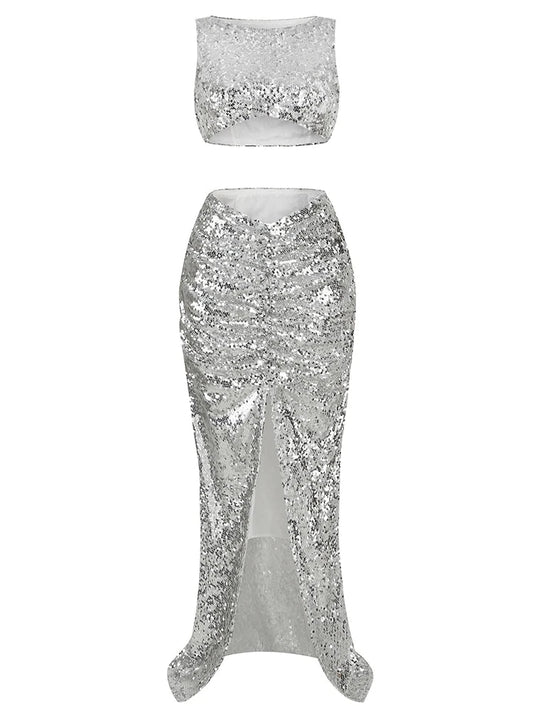 New Summer Silver Fashion Sequins Two-Piece Set Sleeveless Skirt Christmas Party Dress / S Dresses-L