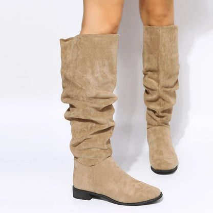 Winter Women Apricot Suede Pointed Toe Knee High Boots Lady Tube Slip on Long Shoes Mujer