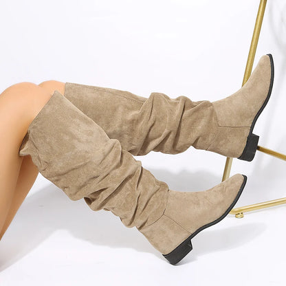 Winter Women Apricot Suede Pointed Toe Knee High Boots Lady Tube Slip on Long Shoes Mujer