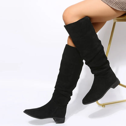 Winter Women Apricot Suede Pointed Toe Knee High Boots Lady Tube Slip on Long Shoes Mujer